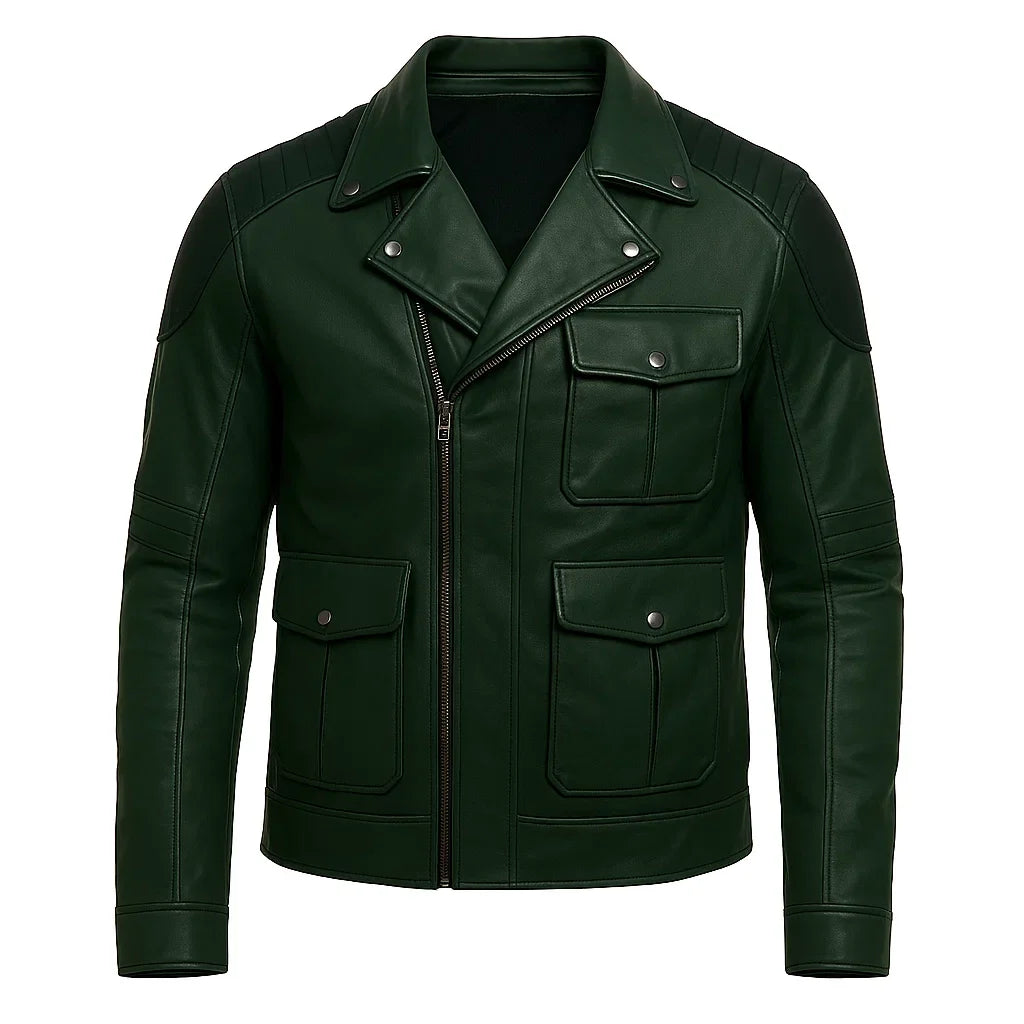 Asymmetrical Dark Green Cafe Racer Jacket Asymmetrical Dark Green Cafe Racer Jacket