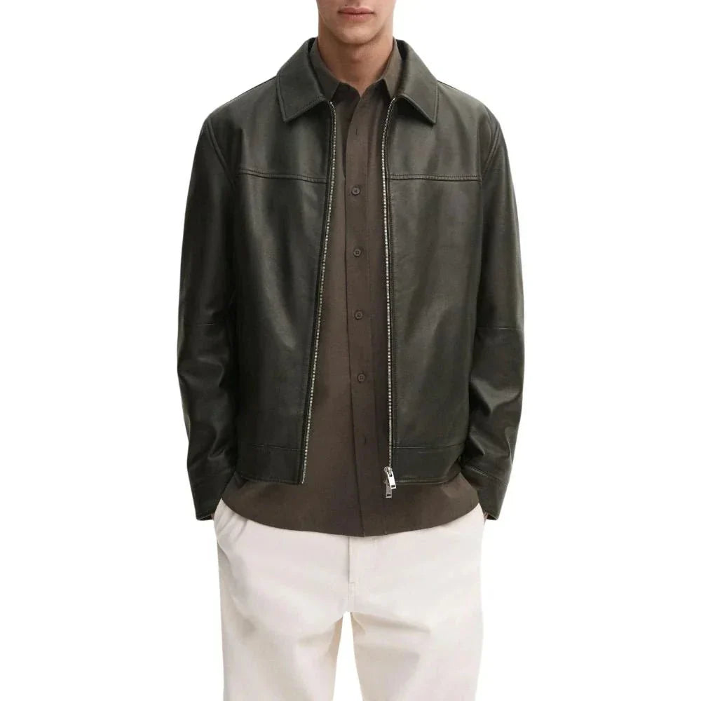 Classic Men's Black Shirt Collar Leather Jacket Classic Men's Black Shirt Collar Leather Jacket