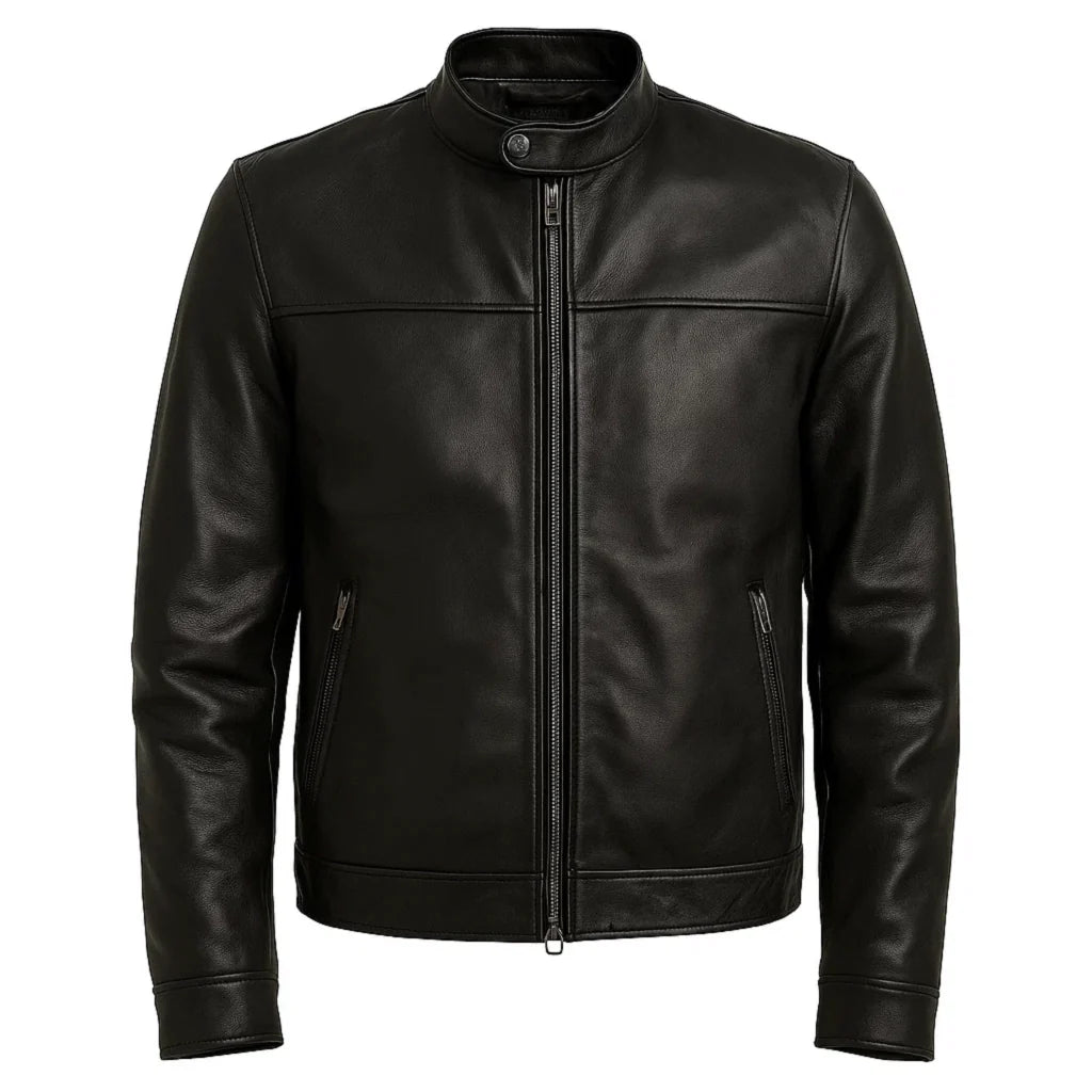 Futuristic Plain Black Cafe Racer Jacket Futuristic Plain Black Cafe Racer Jacket