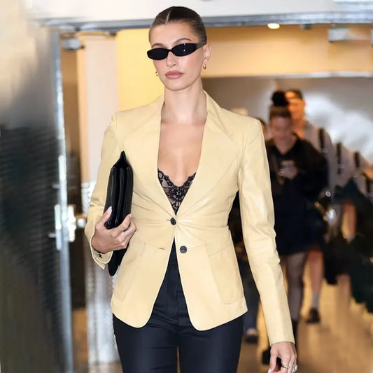 NYC Launch Hailey Bieber Leather Blazer