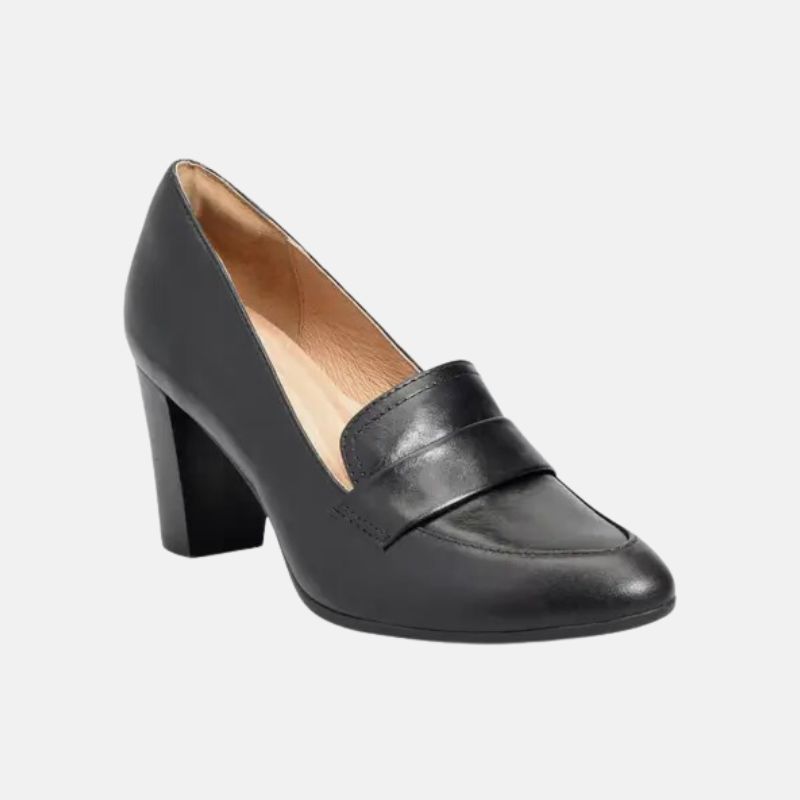 Black Leather Chunky Heel Loafers Womens Black Leather Chunky Heel Loafers Womens