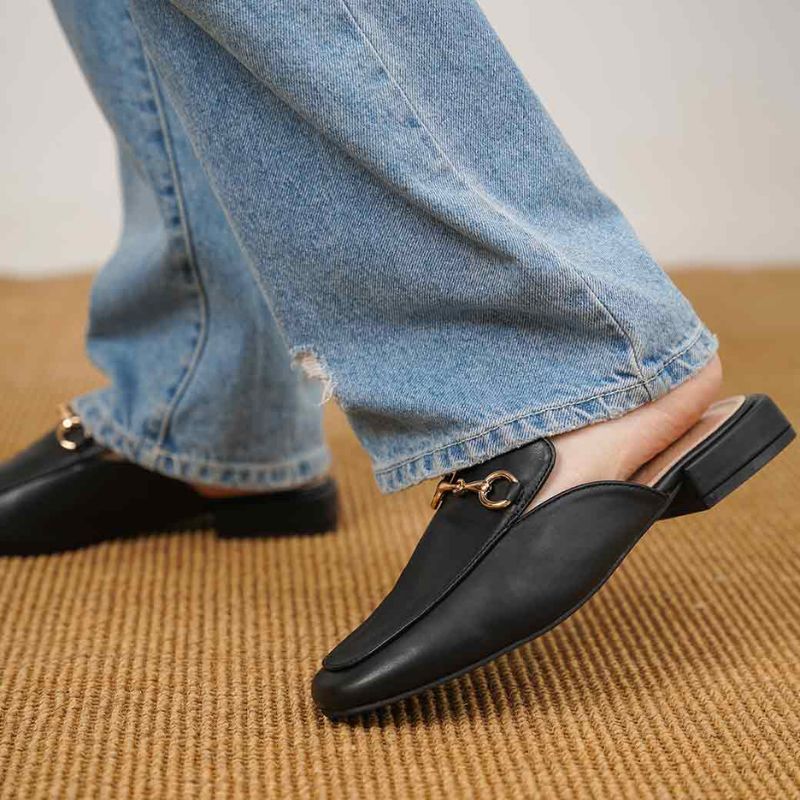 Black Leather Womens Slip On Loafers With Buckle Black Leather Womens Slip On Loafers With Buckle