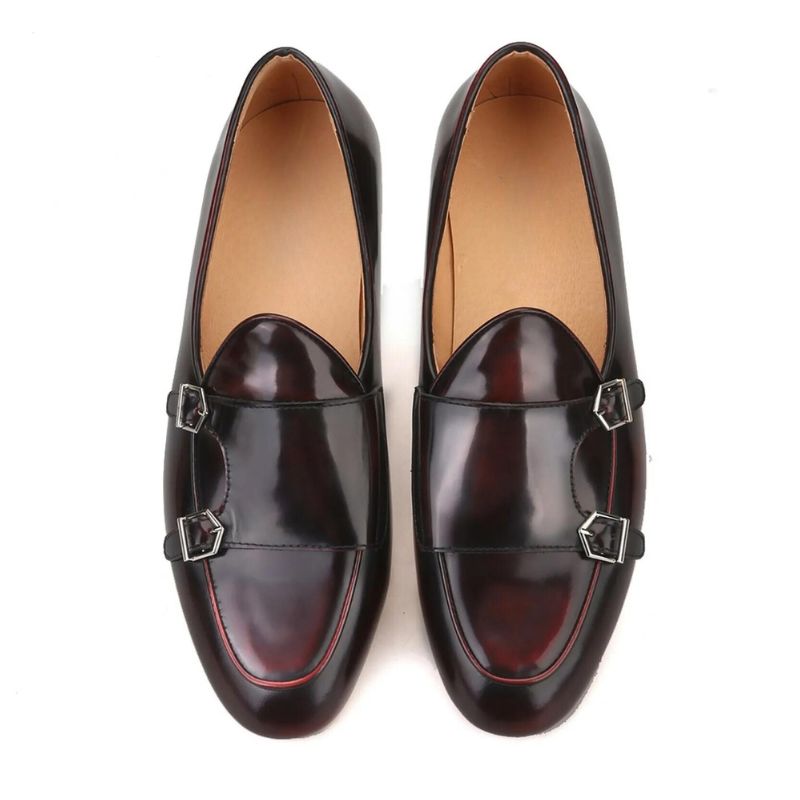 Double Monk Straps Burgundy Leather Loafers Men Double Monk Straps Burgundy Leather Loafers Men