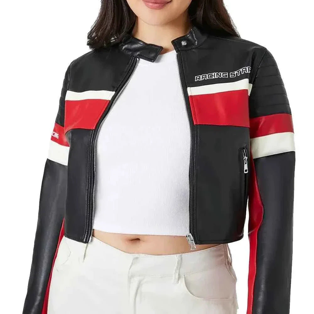 Ladies Cropped Red Black and White Leather Jacket Ladies Cropped Red Black and White Leather Jacket