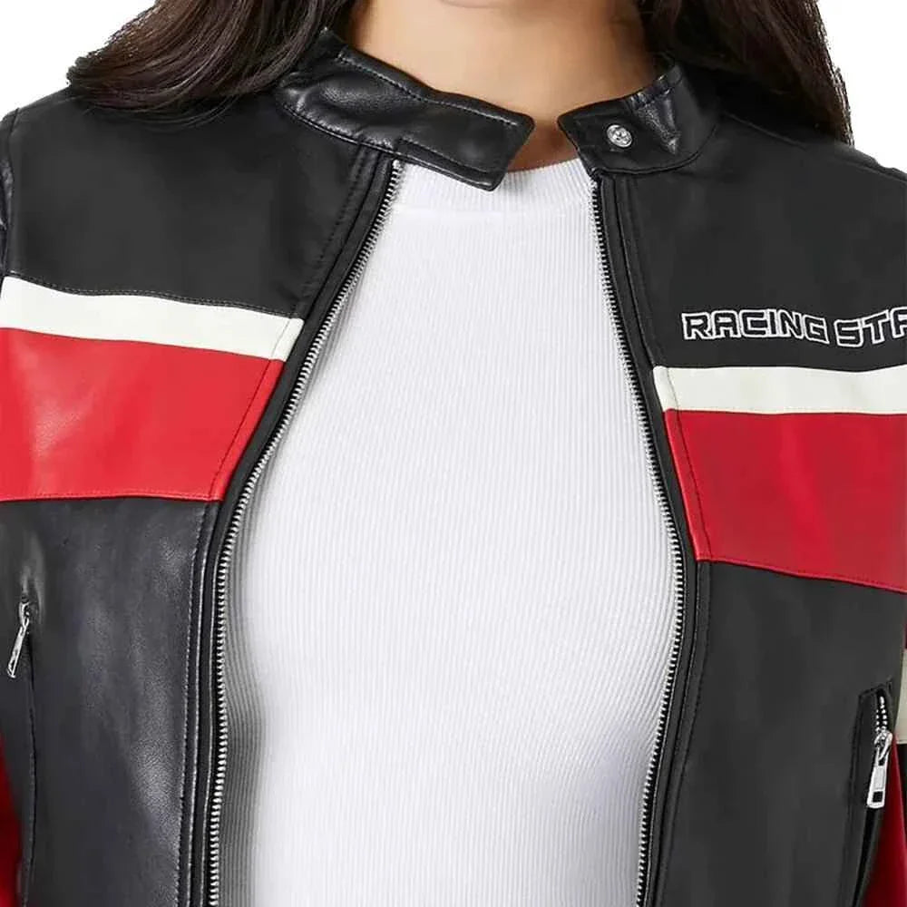 Ladies Cropped Red Black and White Leather Jacket Ladies Cropped Red Black and White Leather Jacket