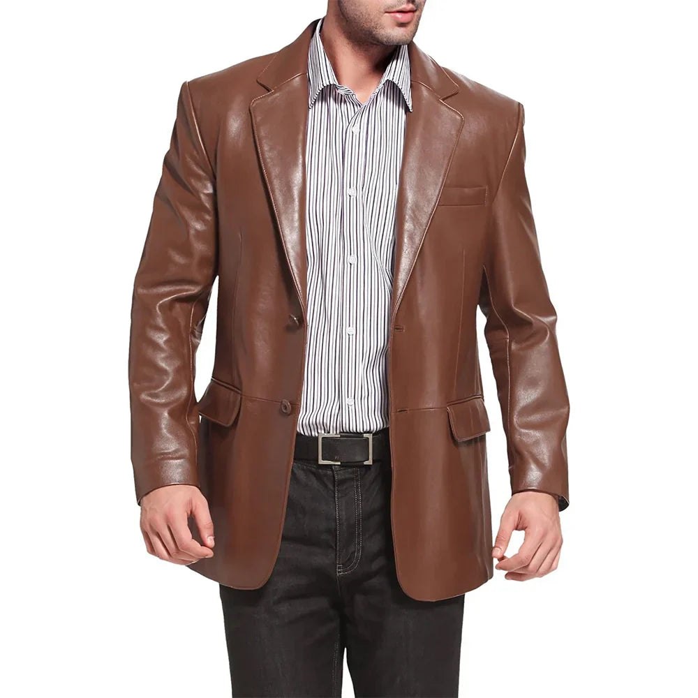 Mens Notched Lapel Two Button Brown Leather Blazer