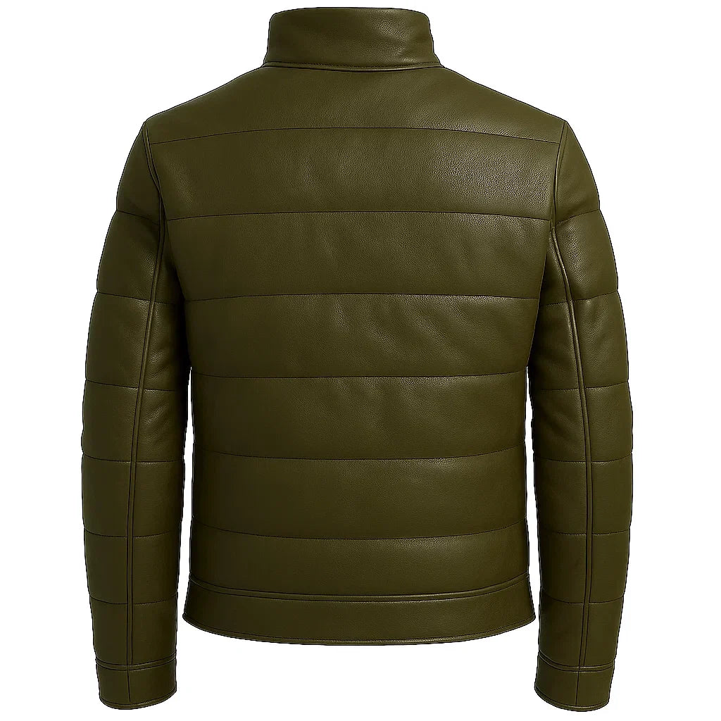 Men Puffer Green Leather Jacket