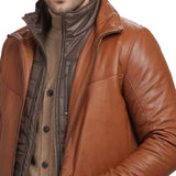Men's Genuine Brown Lamb Leather Coat with Removable Quilted Vest