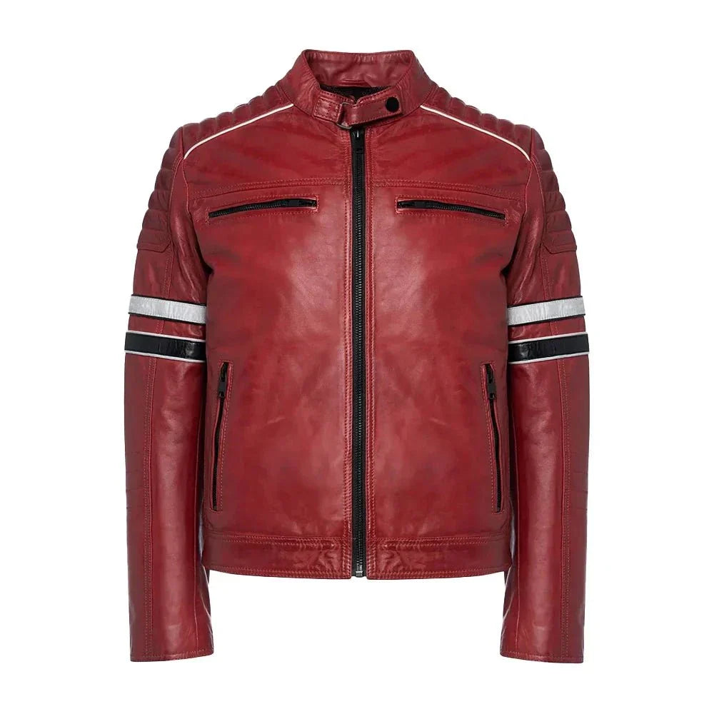 Madrid Mens Quilted Red Leather Racing Jacket with Stripes