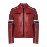 Madrid Mens Quilted Red Leather Racing Jacket with Stripes