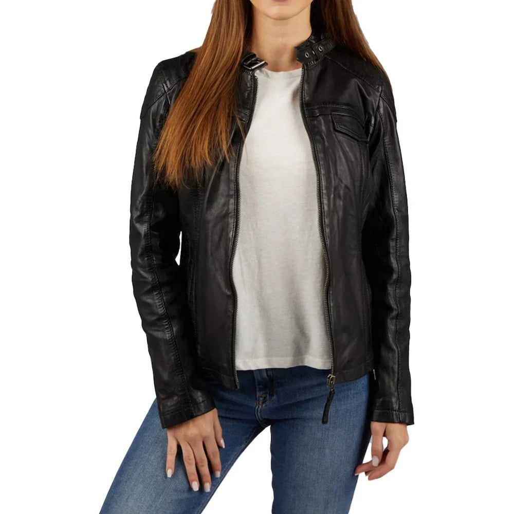 Susan Womens Black Leather Biker Jacket