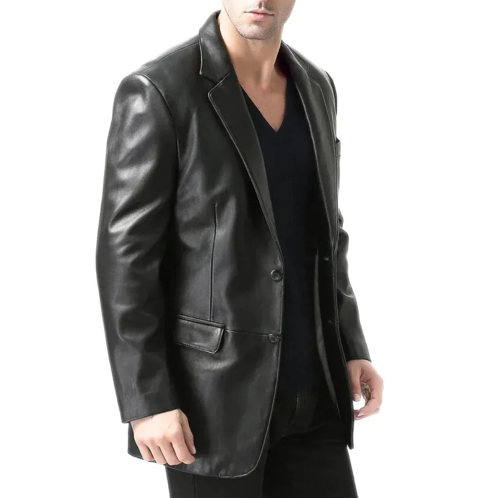 Men's Two Button Real Lambskin Black Leather Blazer
