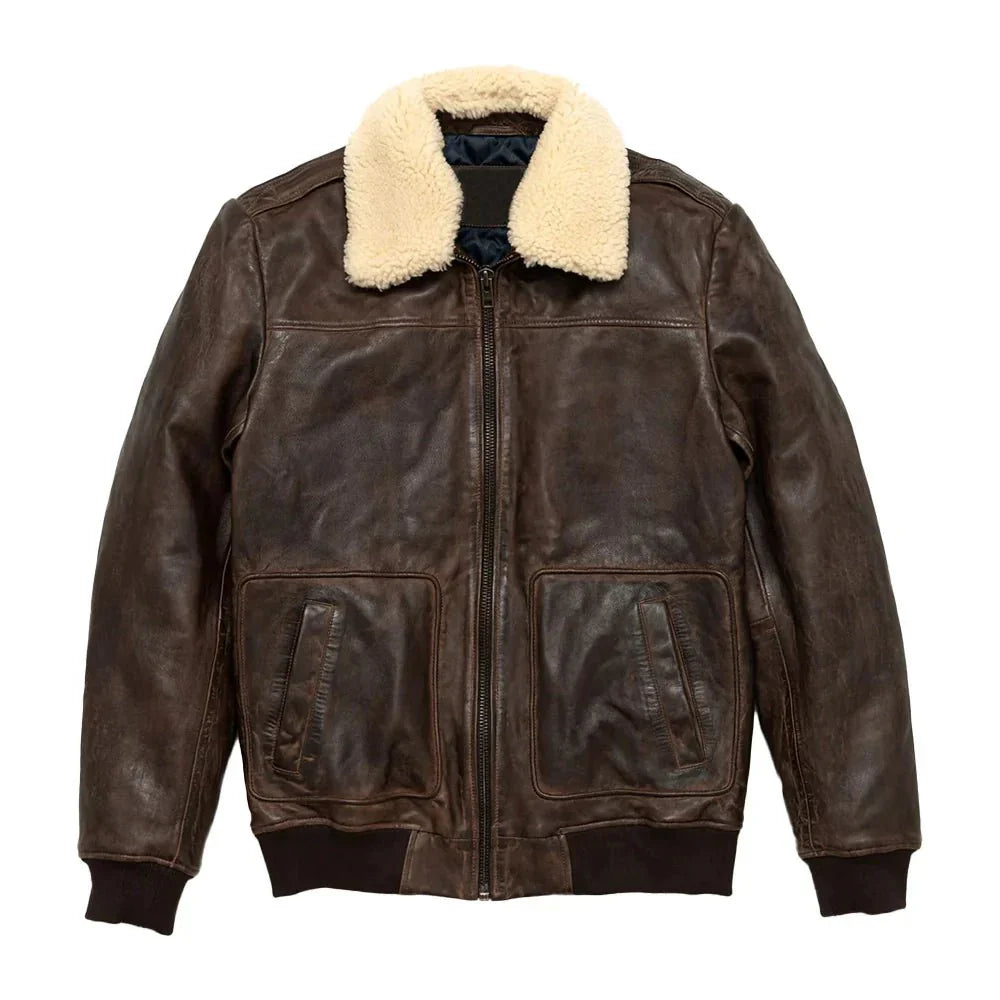 Maverick Vintage Brown Leather Bomber Jacket with Detachable Sherpa Collar
