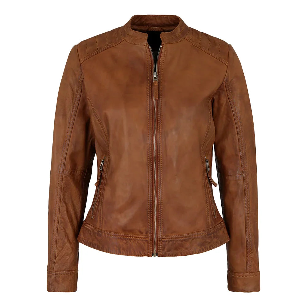 Genuine Biker Brown Cognac Leather Jacket Womens