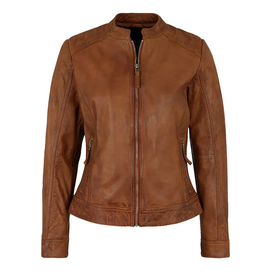 Genuine Biker Brown Cognac Leather Jacket Womens