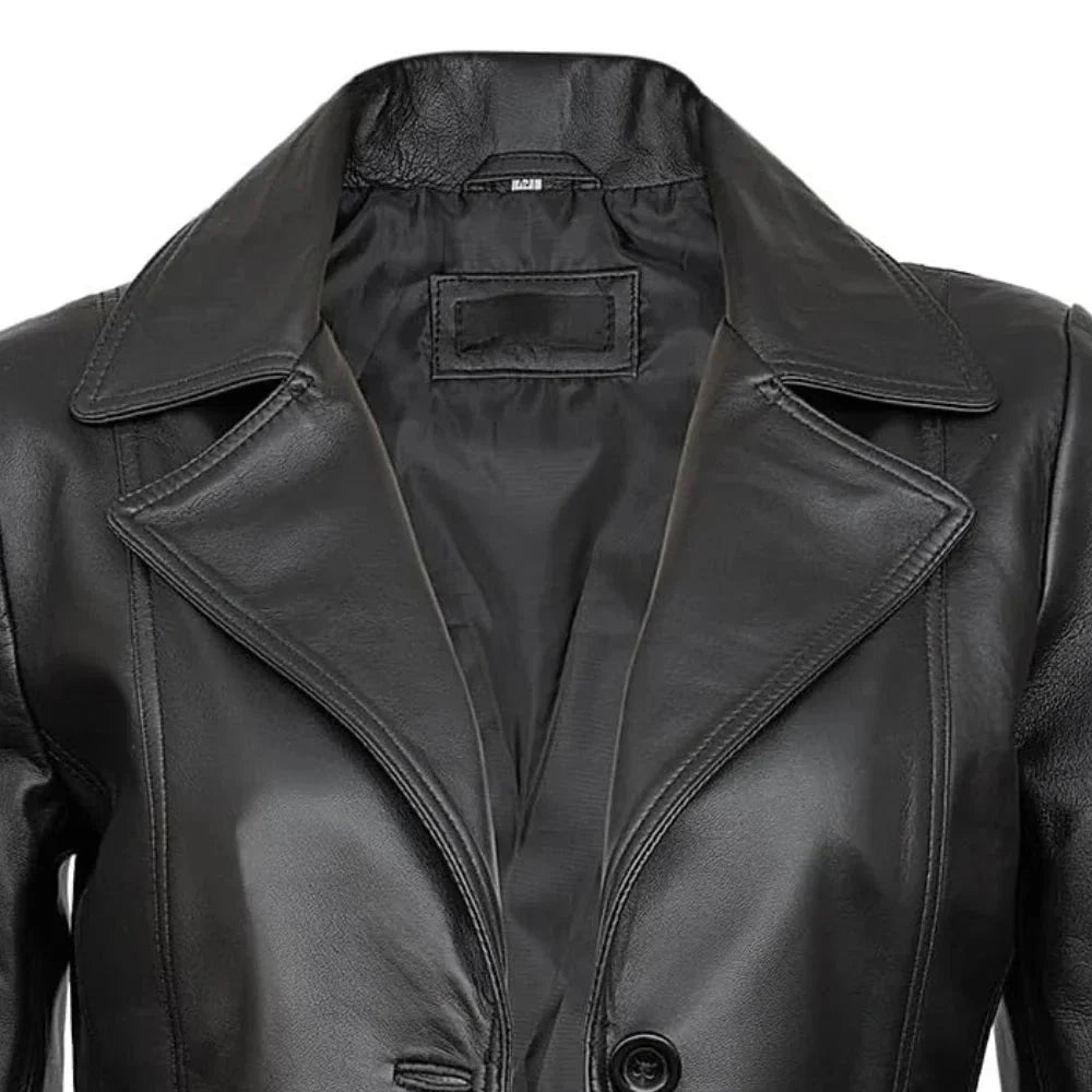 Close Up of Real Lambskin Notch Lapel Ladies Black Leather Blazer