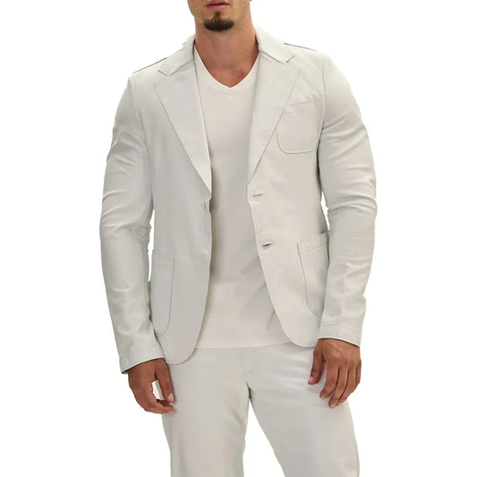 Classis Two Button Lambskin White Leather Blazer Mens