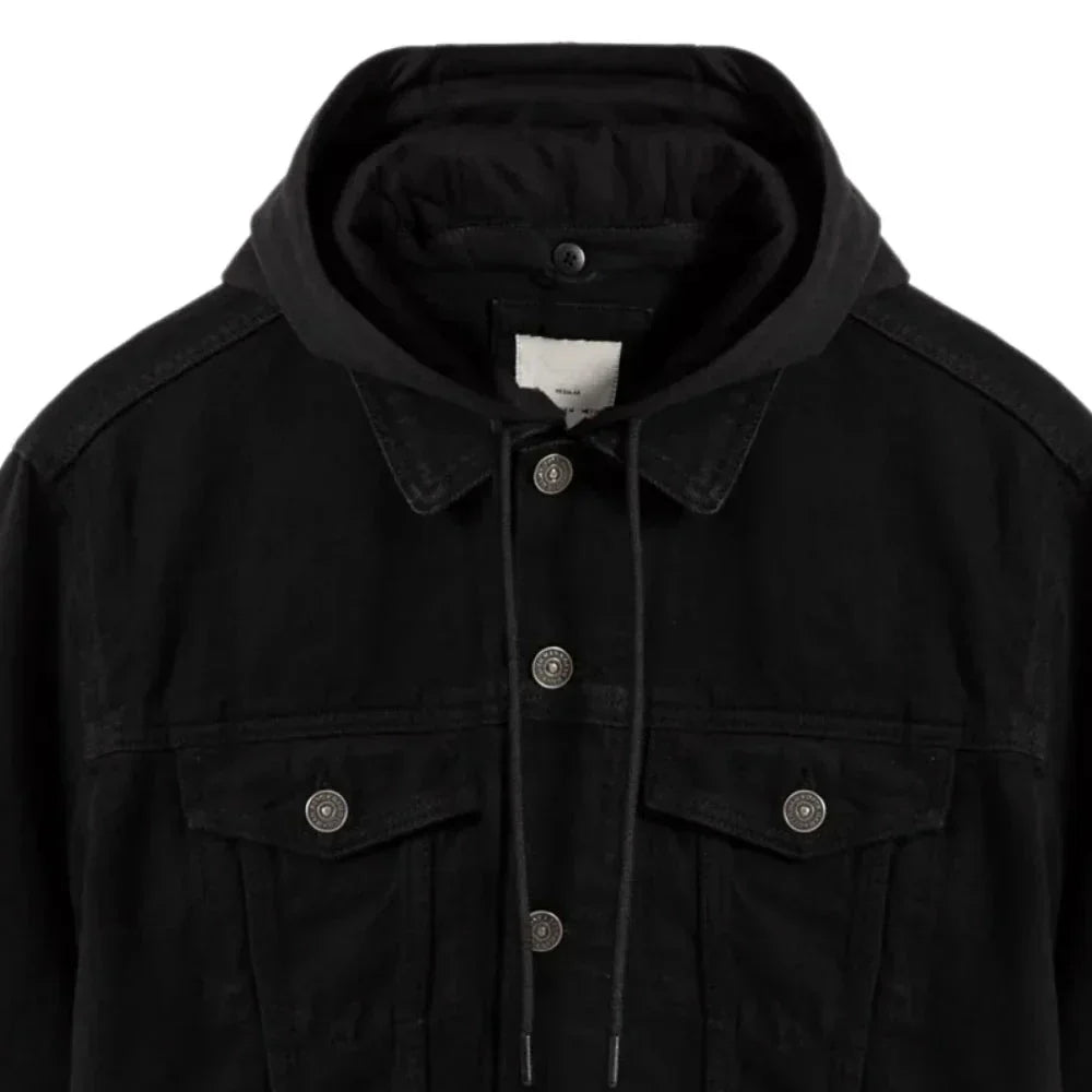 Black Hooded Denim Jacket Mens - Close Up