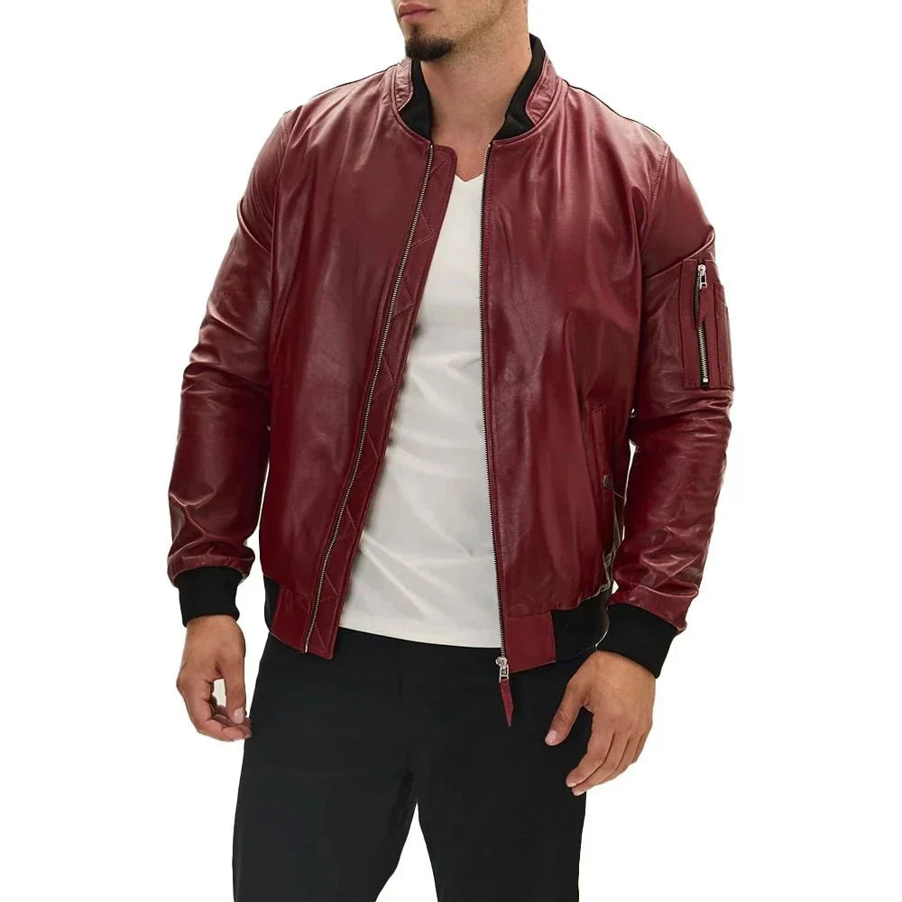 Bomber Red Lambskin Leather Jacket Mens