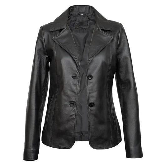 Real Lambskin Notch Lapel Ladies Black Leather Blazer