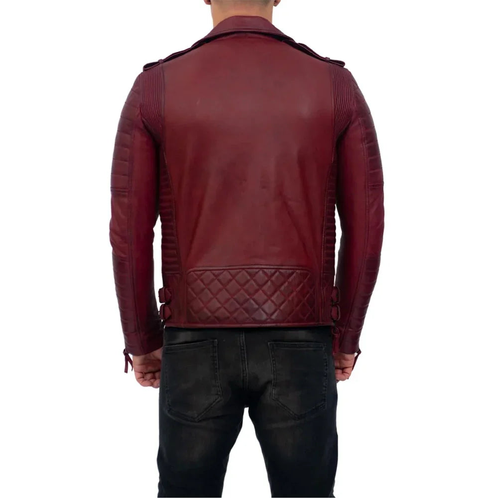 Mens Burgundy Slim Fit Brando Leather Biker Jacket