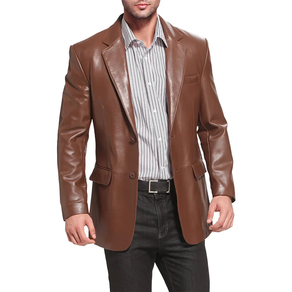 Mens Notched Lapel Two Button Brown Leather Blazer