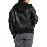 Women's Black Hooded Leather Bomber Jacket with Removable Hood