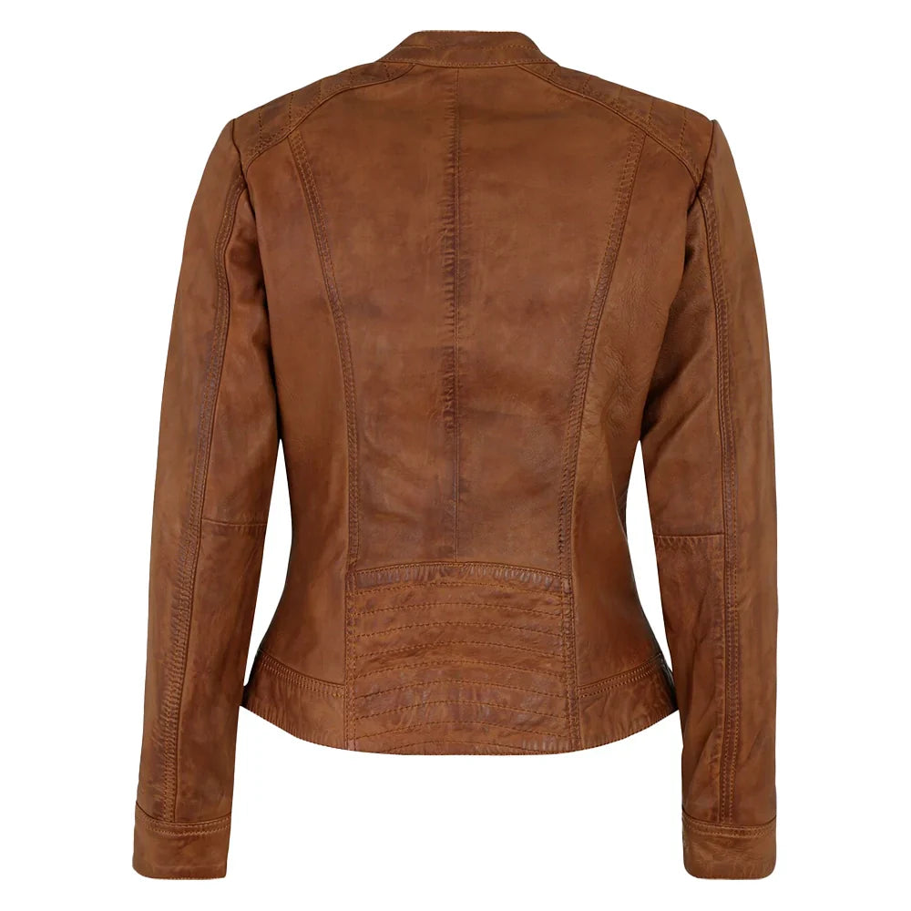 Genuine Biker Brown Cognac Leather Jacket Womens