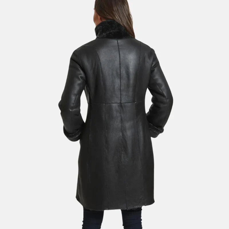 Victoria Womens Black Leather Shearling Winter Coat