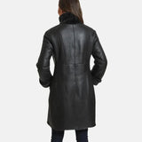 Victoria Womens Black Leather Shearling Winter Coat
