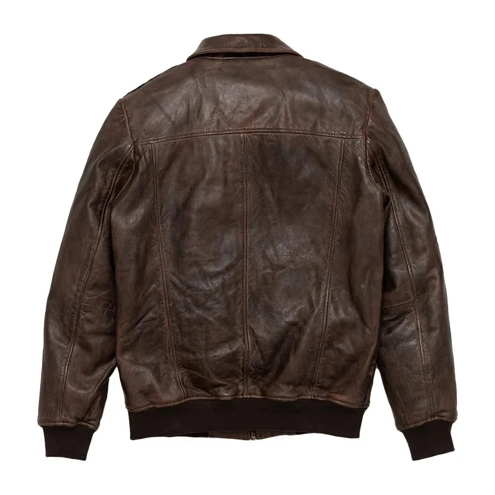 Maverick Vintage Brown Leather Bomber Jacket with Detachable Sherpa Collar - Back View