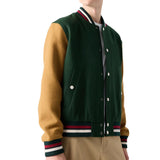 Aaron Wool Mens Dark Green Varsity Jacket with Cognac Sleeves