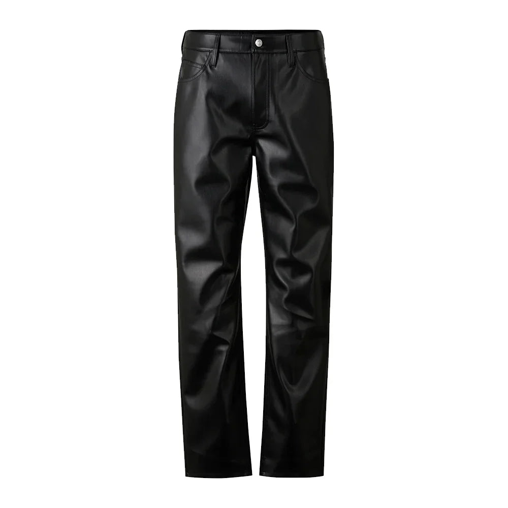 Straight Fit Black Leather Pants Mens