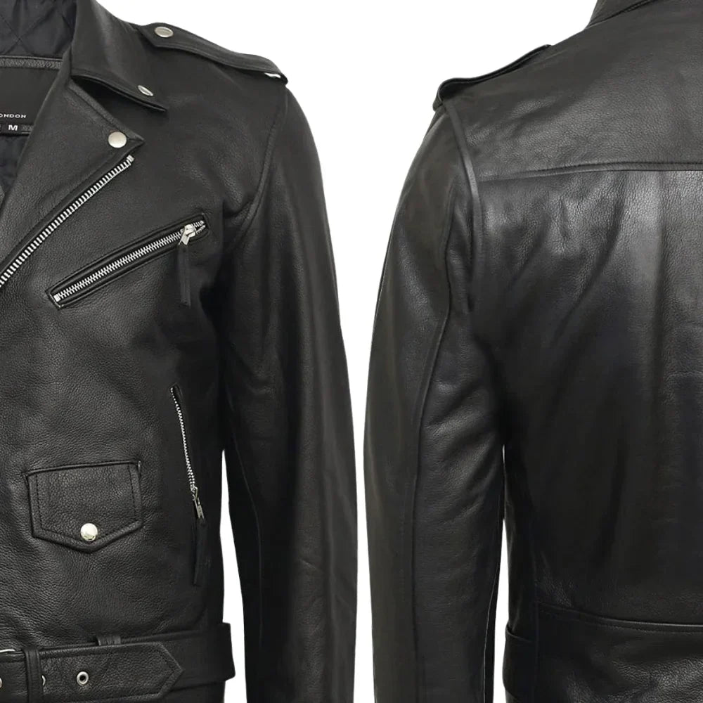 Mens Genuine Leather Biker Jacket Cowhide