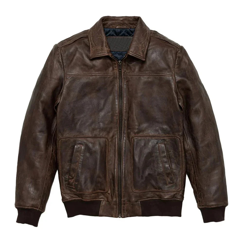 Maverick Vintage Brown Leather Bomber Jacket with Detachable Sherpa Collar - Front View