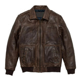 Maverick Vintage Brown Leather Bomber Jacket with Detachable Sherpa Collar - Front View