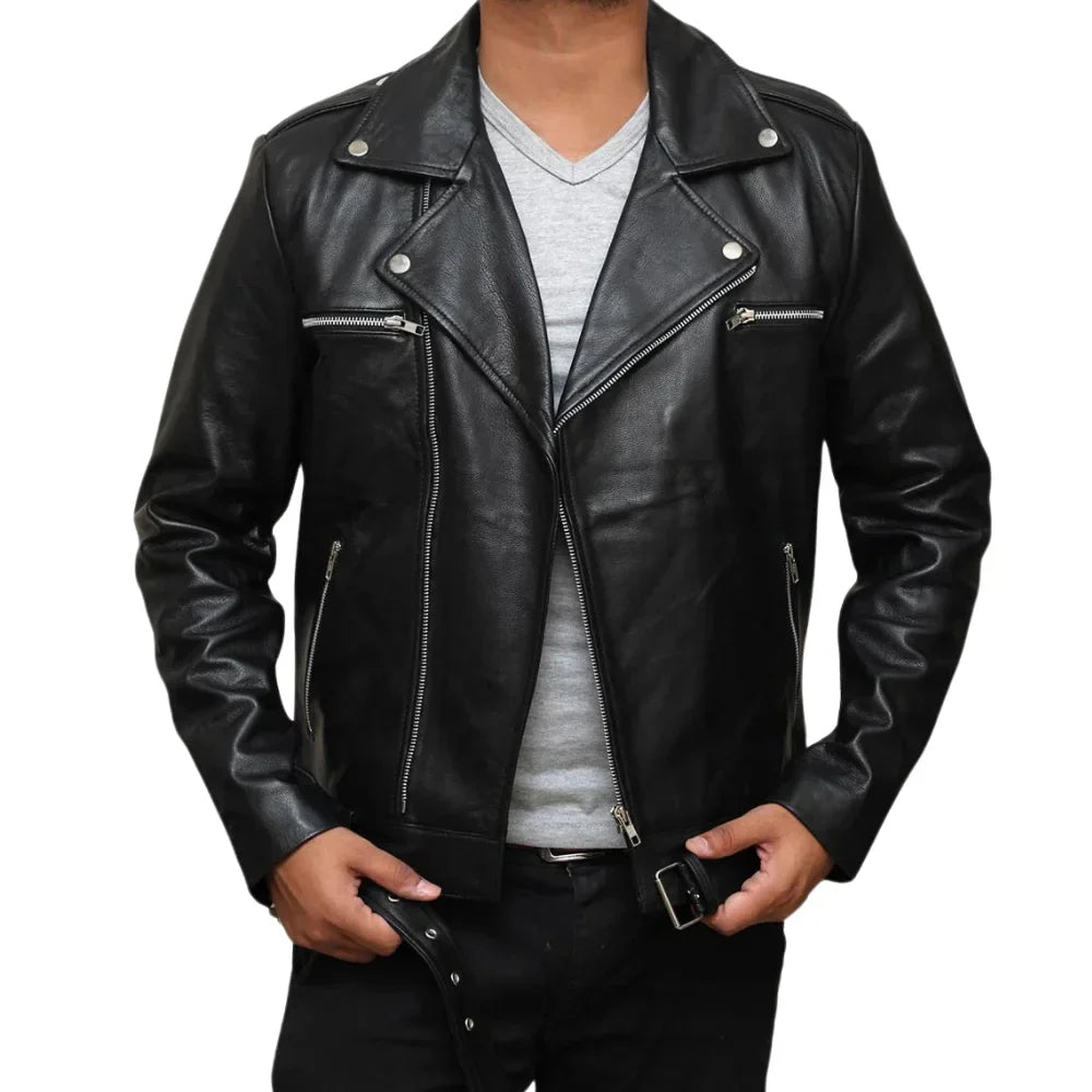 Negan Men's Black Belted Asymmetrical Moto Leather Jacket