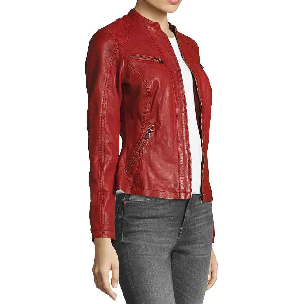 Allen Red Leather Biker Jacket Womens