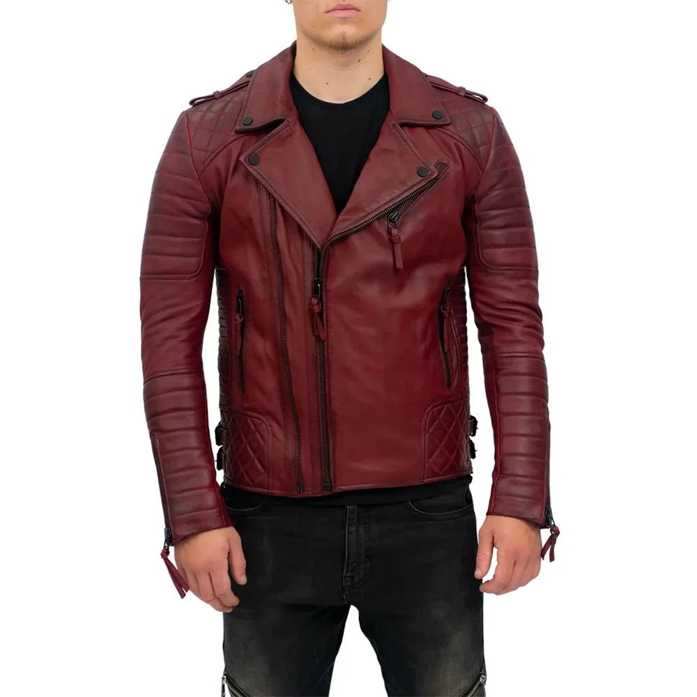 Mens Burgundy Slim Fit Double Zip Brando Leather Jacket
