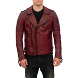 Mens Burgundy Slim Fit Double Zip Brando Leather Jacket