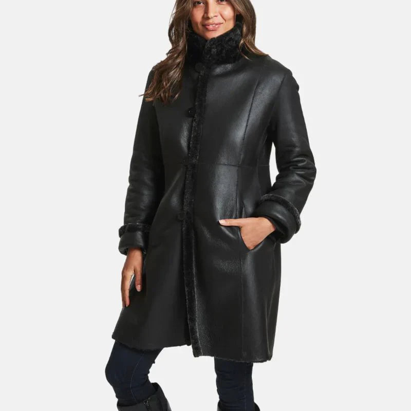 Victoria Womens Black Leather Shearling Winter Coat