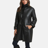 Victoria Womens Black Leather Shearling Winter Coat