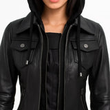Emmy Black Leather Bomber Jacket Women with Removable Hood