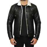 Men's Real Sherpa Black Leather Trucker Jacket