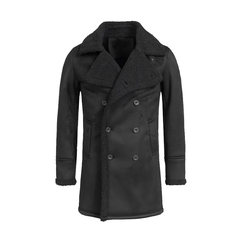 Double Breasted Sherpa Winter Coat Men Black