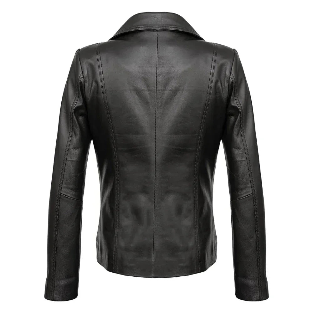 Real Lambskin Notch Lapel Ladies Black Leather Blazer - Back View