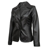 Real Lambskin Notch Lapel Ladies Black Leather Blazer - Side View