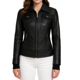 Emmy Black Leather Bomber Jacket Women with Removable Hood