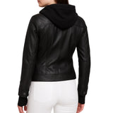 Emmy Black Leather Bomber Jacket Women with Removable Hood